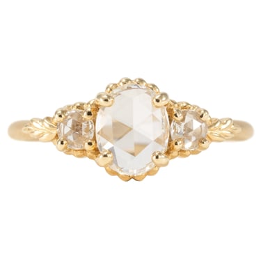 Wood Nymph Faye 3-Stone Engagement Ring - 18K Yellow Gold, .63ct (VS2/F) Oval Rose Cut Diamond + Round Rose Cut Diamonds (.13tcw)