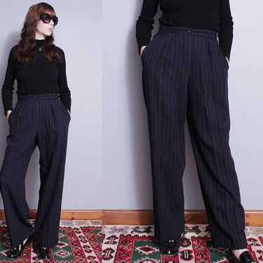 Vintage 1990's | DKNY | Navy Blue | Wool | Pinstriped | Pleated | High Rise | Wide Leg | Trouser | Pants | S/M 