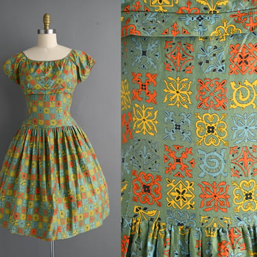 vintage 1950s Drop Waist Cotton Full Skirt Dress - Medium 
