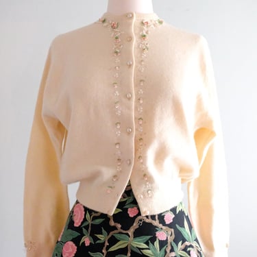 Darling 1950's Ivory Floral Beaded Cardigan Sweater/ Sz M