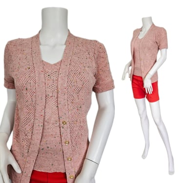 1970's Peach Knit Crocheted Poly Space Dye Faux Sweater Set I Sz Sm 