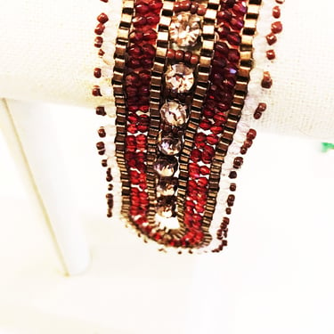 Beaded Band Bracelet Vintage Rhinestone Wrap Bracelet Beaded Cuff Bracelet Wine Maroon Burgundy with Rose Gold Accents & Beads Woven 