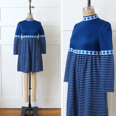 vintage 1960s futuristic mod dress • electric blue stripes & dots babydoll empire waist dress 