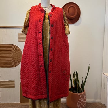 Red Quilted Plush Soft Lined Long Duster Button Down Embroidered Vest 