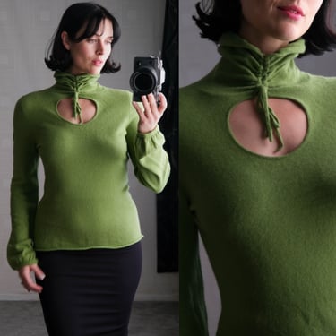 Vintage PRIVE CASHMERE Moss Green Sweater Blouse w/ Cinch Tie High Neck & Peek-A-Boo | 100% Cashmere | 1990s Y2K Designer Cashmere Sweater 
