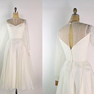 80s Wedding Dress / 90s Vintage Wedding Dress / 1980s / Full Skirt Wedding Dress/ Long Sleeves Wedding Dress/ Size XS/S 
