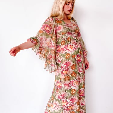 1970s Bell Sleeve Fern Green Floral Dress, sz. S
