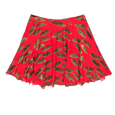 Alice & Olivia - Red Flare Miniskirt w/ Cheetah Print Lips Sz 10