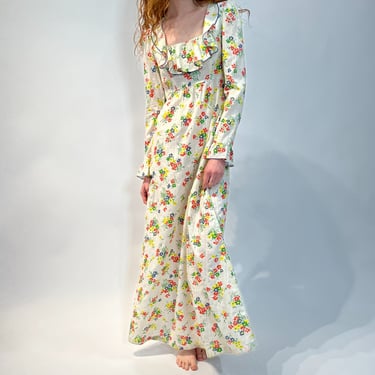 60s Long Sleeve Ruffle Floral Maxi Dress