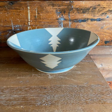 Serving Bowl - Slate Blue with White Geometric Shapes 