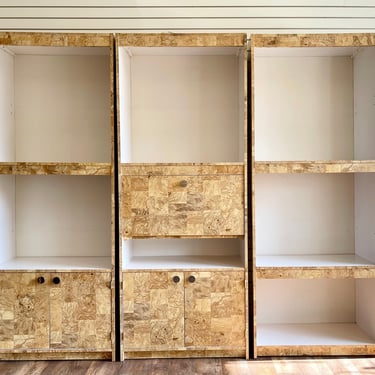 3 Piece Mid Century Wall Unit | Faux Burl + Chrome Etagere | Open Shelving White Wood Modern | MCM Modular Bookshelves Set of Three Bar 