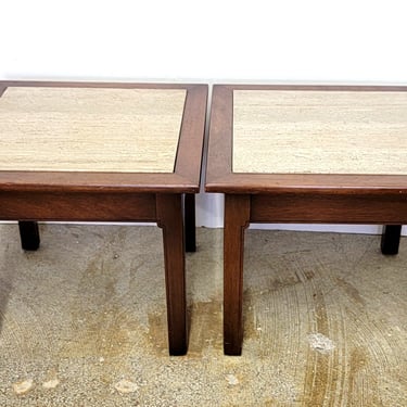 Mid Century Modern  Low Walnut Travertine Side / Pedestal Tables 