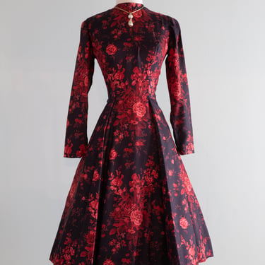 Stunning 1950's Estevez Silk Rose Print Cocktail Dress / Medium