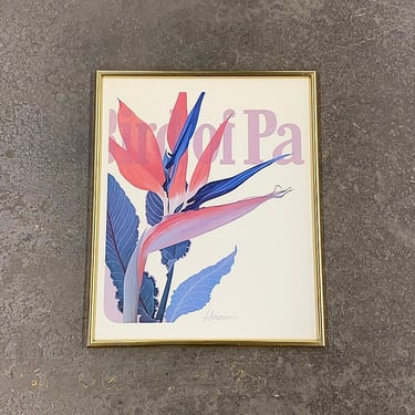Vintage Heronim Print 1980s Retro Size 28x23 Contemporary + Harry Wysocki + Bird of Paradise + Red and Blue + Flower + Home and Wall Decor 