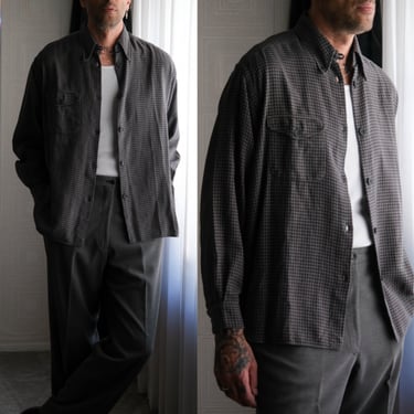 Vintage 80s GIORGIO ARMANI Le Collezioni Navy & Gray Check Longline Loop Collar Shirt | Made in Italy | 100% Cotton | 1980s Designer Shirt 