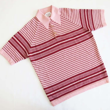 70s Pink Knit Shirt M - Vintage 1970s Striped Pointed Collar Knitted Disco Shirt 