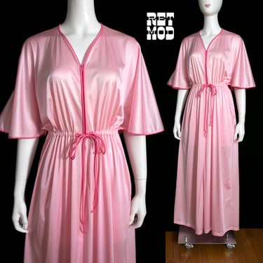 Sweet Vintage 70s 80s Pastel Pink Long Nightgown with Zip Front 
