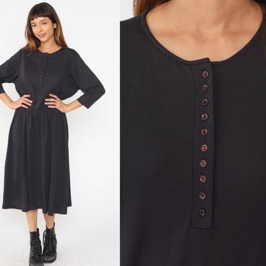 Black Button Up Dress 90s Henley Neckline Midi ShirtDress Long 3/4 Sleeve Retro Plain Chic Simple Casual Vintage 1990s Medium Large 