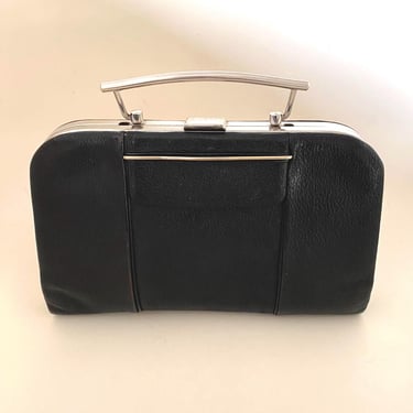 Antique Art Deco 1930s stylish Chrome & Black leather Clutch box handbag with folding handle by BakeliteBa