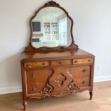 NEW - Antique Dresser with Carved Details and Mirror, Vintage Bedroom Furniture, Chest of Drawers, Farmhouse Style 