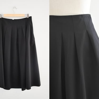 1980s Pleated Black Wool Gabardine Midi Skirt 
