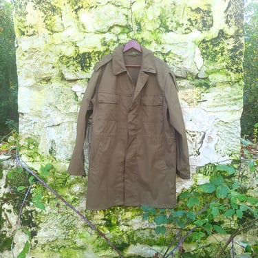 Vintage Olive Drab Military Surplus Style Long Duster Trench Jacket / L 