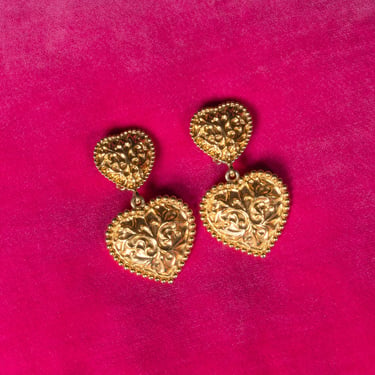 1980s ST. JOHN Stamped Oversized Gold Tone Double Heart Dangle Clip Earrings 