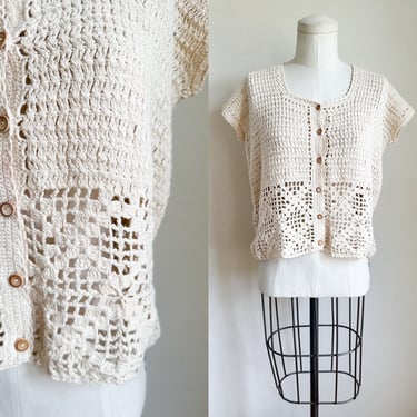 Vintage Ecru Cotton Crochet Button Front Top / M 