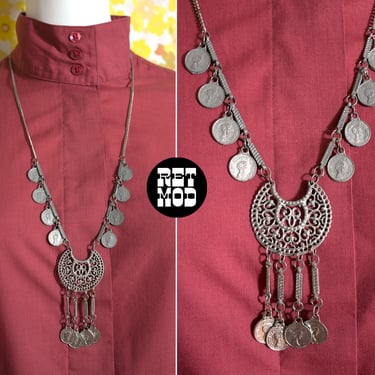 Groovy Vintage 70s Silver Filigree Long Necklace with Coin Fringe 