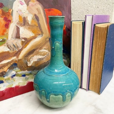 Vintage Vase Retro 1970s Handmade + Ceramic + Drip Glaze + Turquoise + Pottery + Bud Vase + Flower Display + Home and Table Decor 
