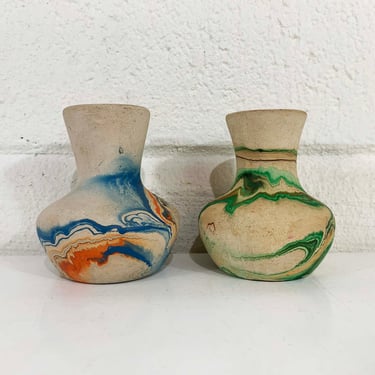 Vintage Nemadji Art Pottery Vase Swirl Vases USA Flower Green Blue Brown Swirl Vanity Seven Falls Colorado Set of 2 Pair Beige 1970s 