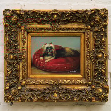 Aristocratic Vintage Shih Tzu Oil Painting in Gilded Baroque Frame