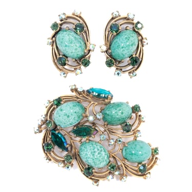 Schiaparelli Green Brooch and Earrings Set