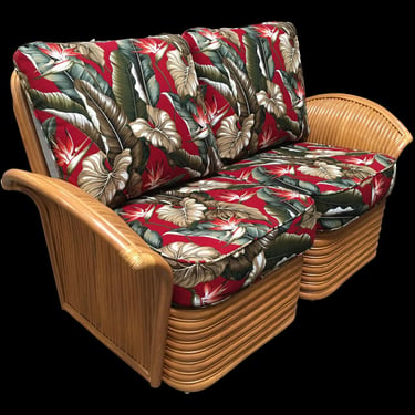 Art Deco Style "Hawaii" Rattan Fan Arm Two-Seat Sectional Loveseat Sofa 