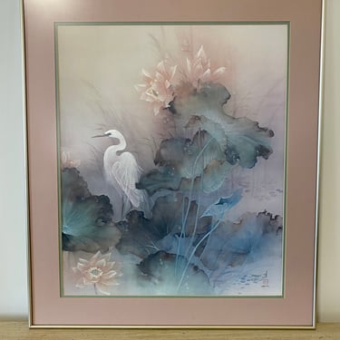 Vintage Signed & Numbered Lena Y Liu Art Print, Framed Under Glass, White Heron Bird and Lotus Floral Motif, Nature Landscape 