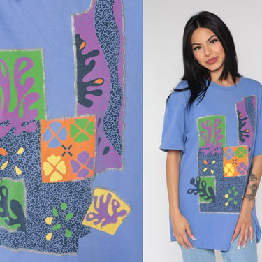 Abstract T-Shirt 90s Glitter Shirt Colorful Floral Top Matisse Inspired Graphic Tee Periwinkle Blue Tshirt 1990s Vintage 2xl xxl 