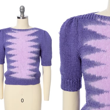 Vintage 1980s Sweater | 80s Zig Zag Chevron Geometric Knit Fuzzy Angora Rayon Purple Color Block Short Sleeve Pullover Top (x-small/small) 