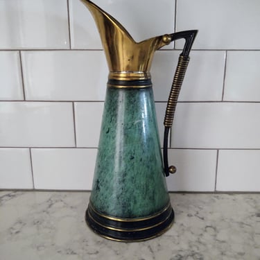 Vintage 1960's Dayagi Made in Israel Brass & Green Enamel Large Pitcher Jug 11.25