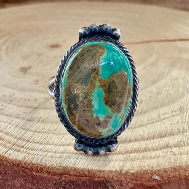 VINTAGE FRAMED TERRAIN Silver & Turquoise Ring | Vintage Jewelry | Sterling, Patina | Framed Silver Details | Southwestern | Size 8 1/2 