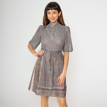 80s Pleated Paisley Dress Vintage Boho Semi-Sheer Midi Dress Short Puff Sleeve Dress Bohemian Mandarin Collar High Waist 1980s Medium M 