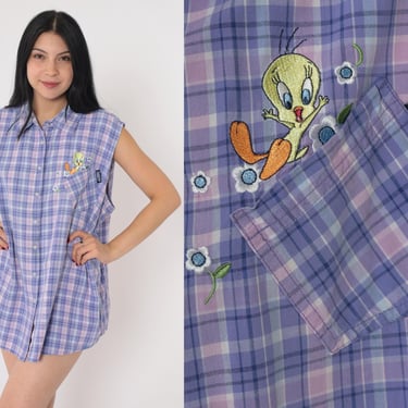 Y2K Plaid Tweety Bird Shirt Warner Bros Tank Top 00s Looney Tunes Blouse Purple Pink Retro Button Up Vintage Plus Size 22 W / 24 W 2xl xxl 