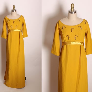 1960s Yellow Gold 3/4 Length Sleeve Floor Length Beaded Bodice Formal Cocktail Dress by McDaniel’s -XS 