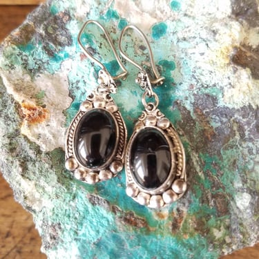 Sterling & Black Onyx Earrings~Sterling Silver 925 Black Gemstone Dangle Earrings~Bali Silver Elegant Artisan Earrings~JewelsandMetals 