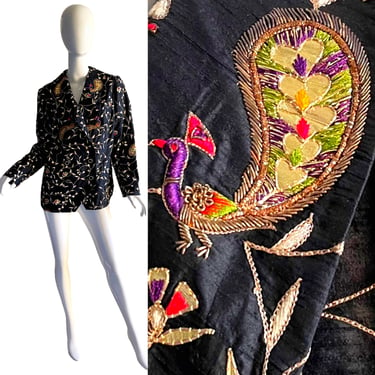 Vintage 80s Brocade Silk Peacock Jacket / Sequin Zardozi India Jacket / Party Evening Tuxedo Holiday Jacket XL 