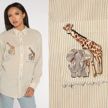 Safari Animal Shirt 90s Giraffe Elephant Zebra Shirt Button up Studded Jungle Long Sleeve White Brown Striped Vintage 1990s Men's Medium M 