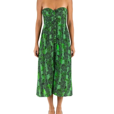1990S ROTATE Green Rayon  Snake Print Strapless Bustier Dress With Pockets 