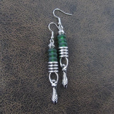 Green frosted glass and silver goddess earrings 