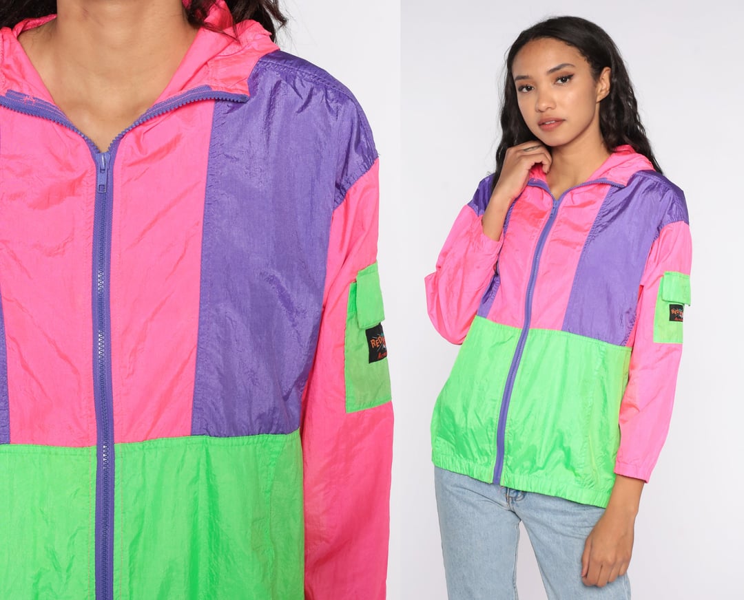 Color Block Windbreaker Jacket 80s 90s Black Purple Green Red