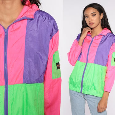 90s Neon Windbreaker Hot Pink Green COLOR BLOCK Jacket Windbreaker Zip Up 90s Sportswear Vintage Purple Small Medium 