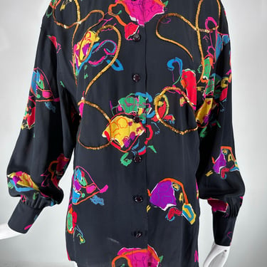 Escada by Margaretha Ley Black Silk Printed Round Neck Blouse with Sequins 40